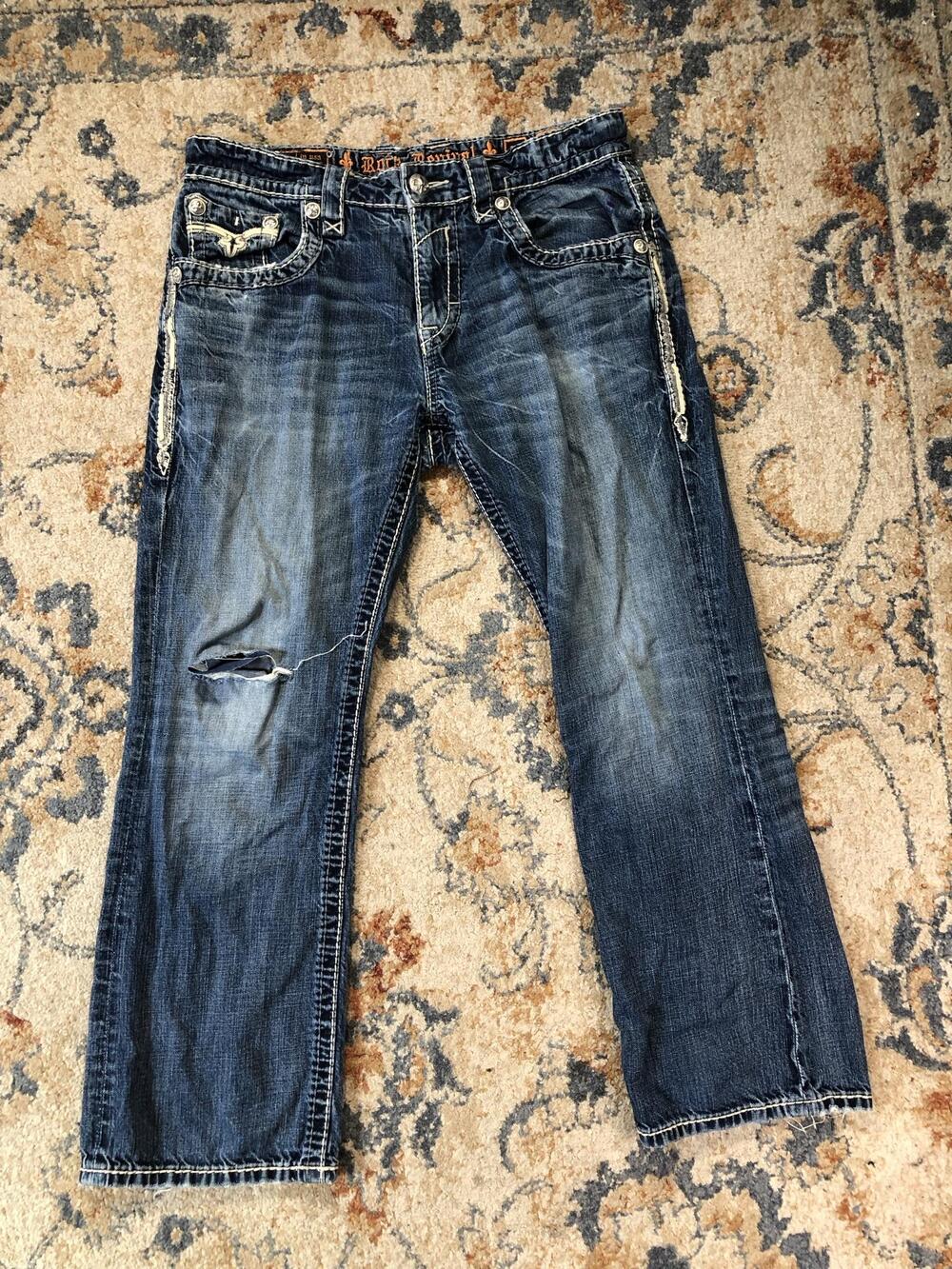 Rock Revival Carl Boot Jeans Mens 34x29 Blue Med Wash Bootcut Distressed Denim